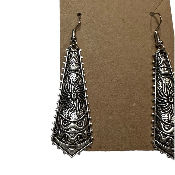 Boho Antique Silver Geometric Embossed Detail Drop Earrings - Picture 2 of 6